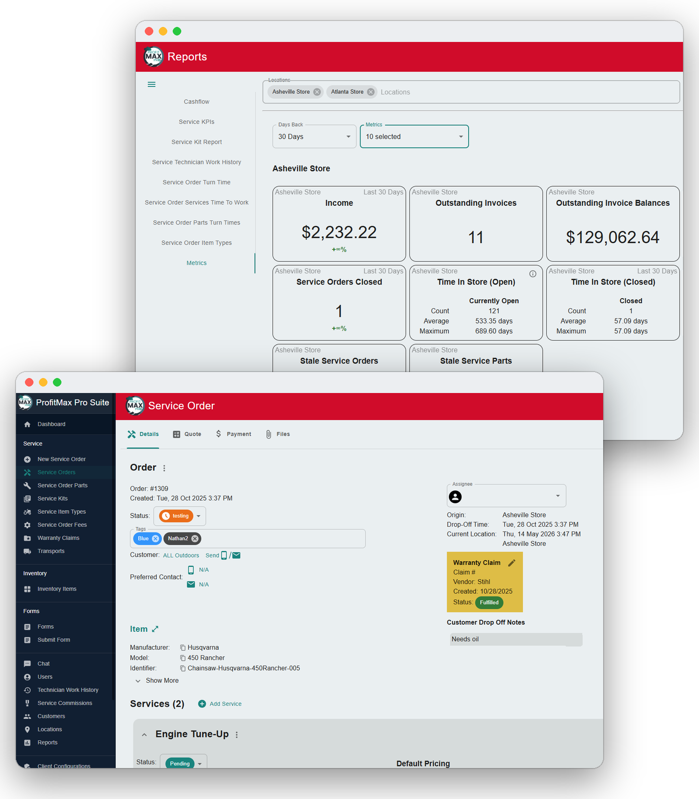 ProfitMAX Pro Suite service order and reports screens